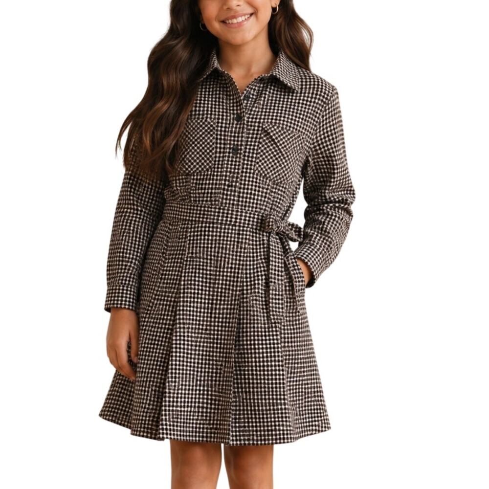Zara Girls Maroon Houndstooth Pleated Dress 9 - Picture 1 of 10